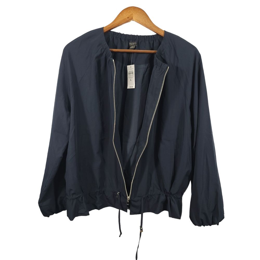 NWT Ann Taylor Factory Large Blue‎ Drawstring Hem Full Zip Windbreaker Jacket